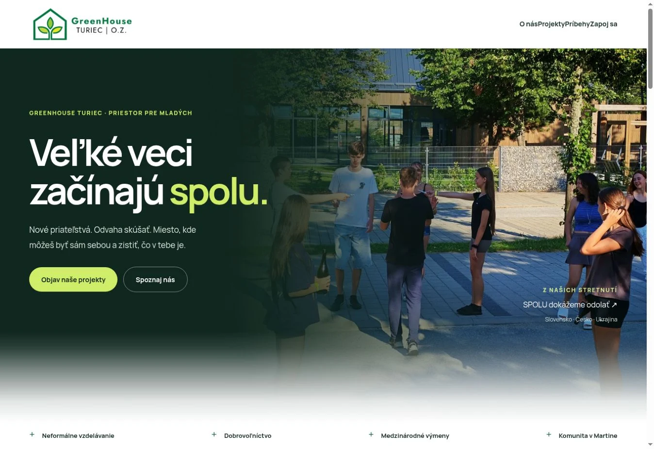 GreenHouse Turiec: úvodná stránka občianskeho združenia s heslom Veľké veci začínajú spolu