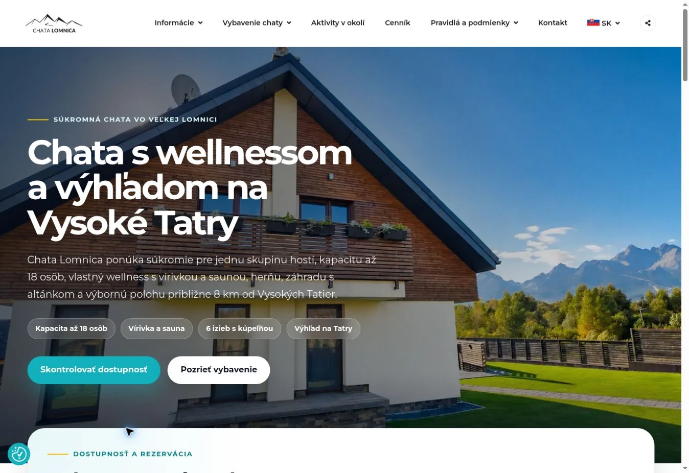 Úvodná stránka Chaty Lomnica s fotografiou chaty a Tatier
