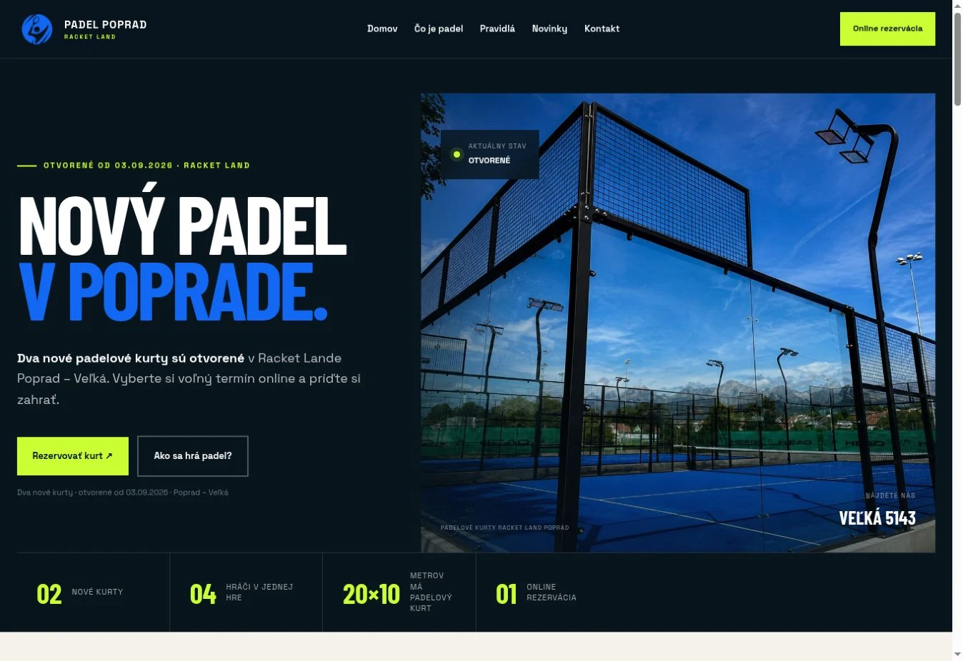 Snímka webu Padel Poprad