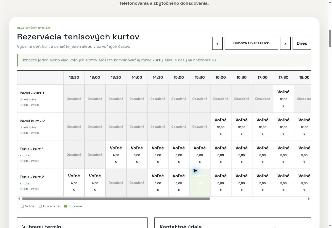 Online kalendár športoviska Racket Land