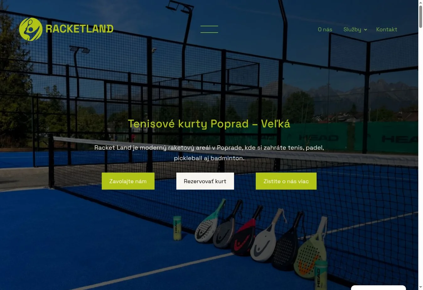 Úvodná stránka športového areálu Racket Land